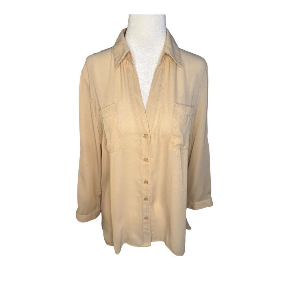 NEW Sami & Jo Women's Beige Button-Up Blouse Large Roll-Tab Sleeves Casual NWT